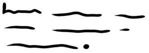  A series of black squiggles, indicating words, with a vertical bar (indicating a capital letter) at the start and a full stop at the end. The black lines and dot have white shadows.