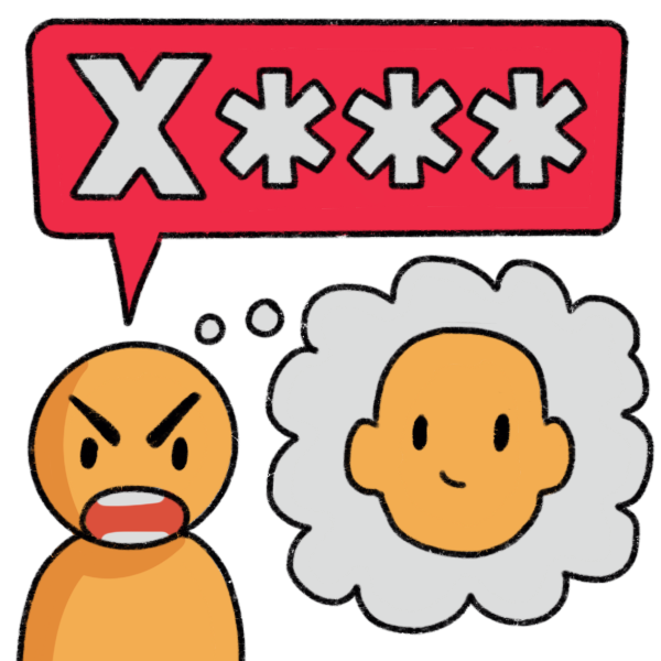 An angry cartoon person thinking of more realistic person and saying an X followed by three asterisks in a red speech bubble. 