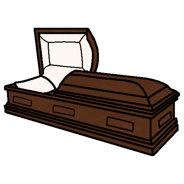 A dark brown, wooden, open casket with white interior and white pillow.