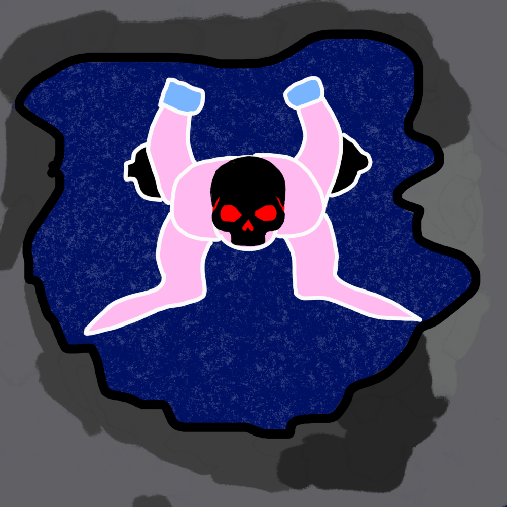 An upside down scuba diver in an underwater cave. There is a black and red skull over the scuba divers face. The divers suit is pink, their gear is black and their gloves are blue. The cave is made of stone that is various shades of tan and gray