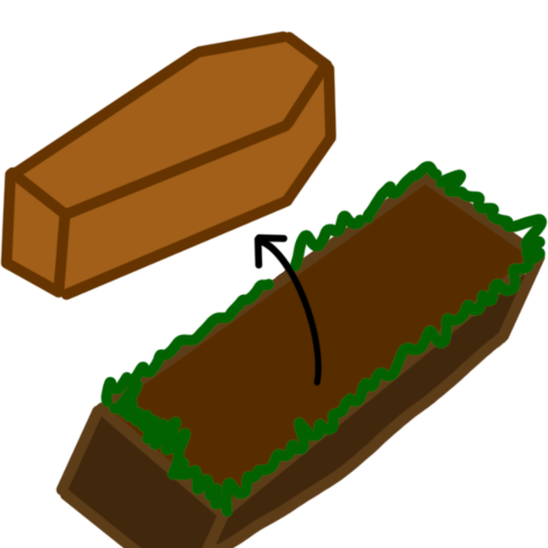 A drawing of a coffin next to a hole there is an arrow point out of the hole towards to coffin. The coffin is simple and made out of light brown wood. The hole is just a brown rectangle with some green grass around the edges.