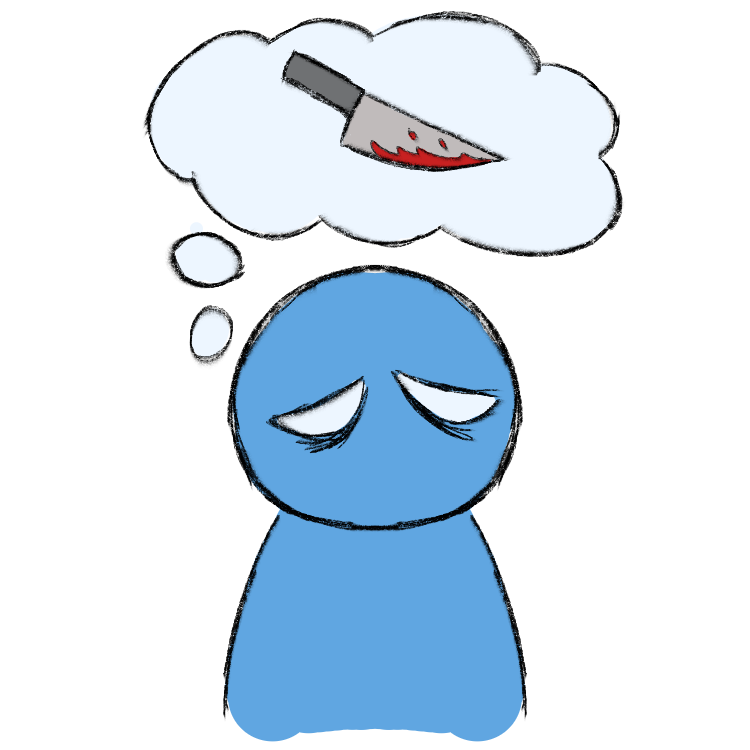 A blue figure with a sad face thinking of a bloodied knife