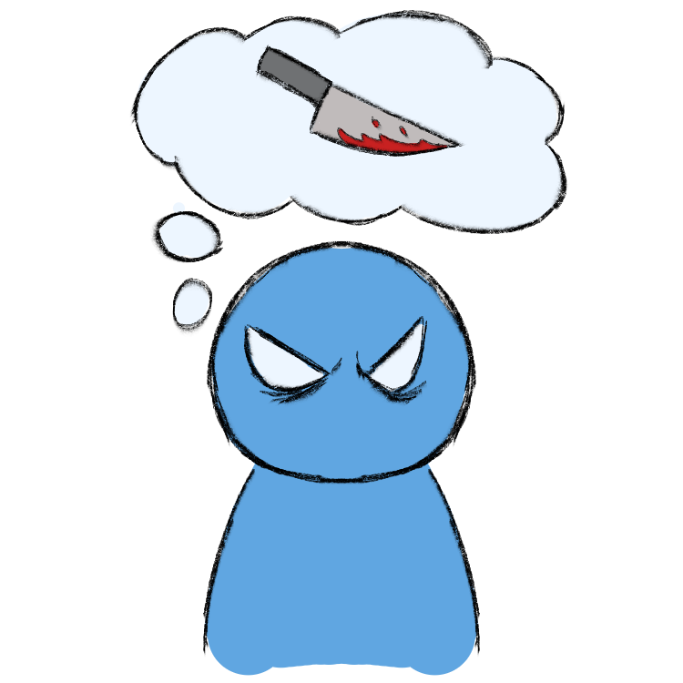 A blue figure with an angry face thinking of a bloodied knife