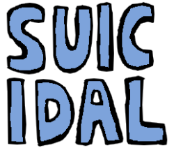 The text 'suicidal' in bold blue capital letters with black outlines.