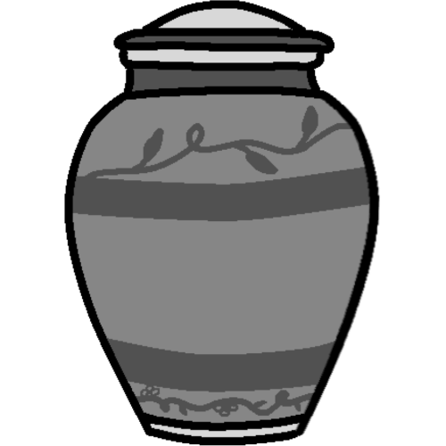 A grey urn with two dark grey stripes, one near the top and one near the bottom, as well as vine like details