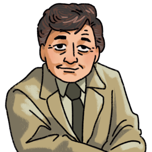  a stylized drawing of the detective character Columbo, smiling softly and leaning on one bent arm. He's an older white man who has dark hair, strabismus, and wears a trench coat.