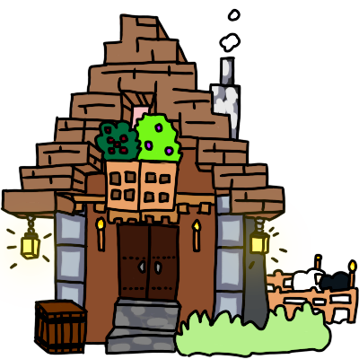 a small, blocky wooden and cobblestone house with windowsill flowers and a small attached sheep pen. there is a lantern hanging from either side of the roof, and a barrel in frnt of one side.