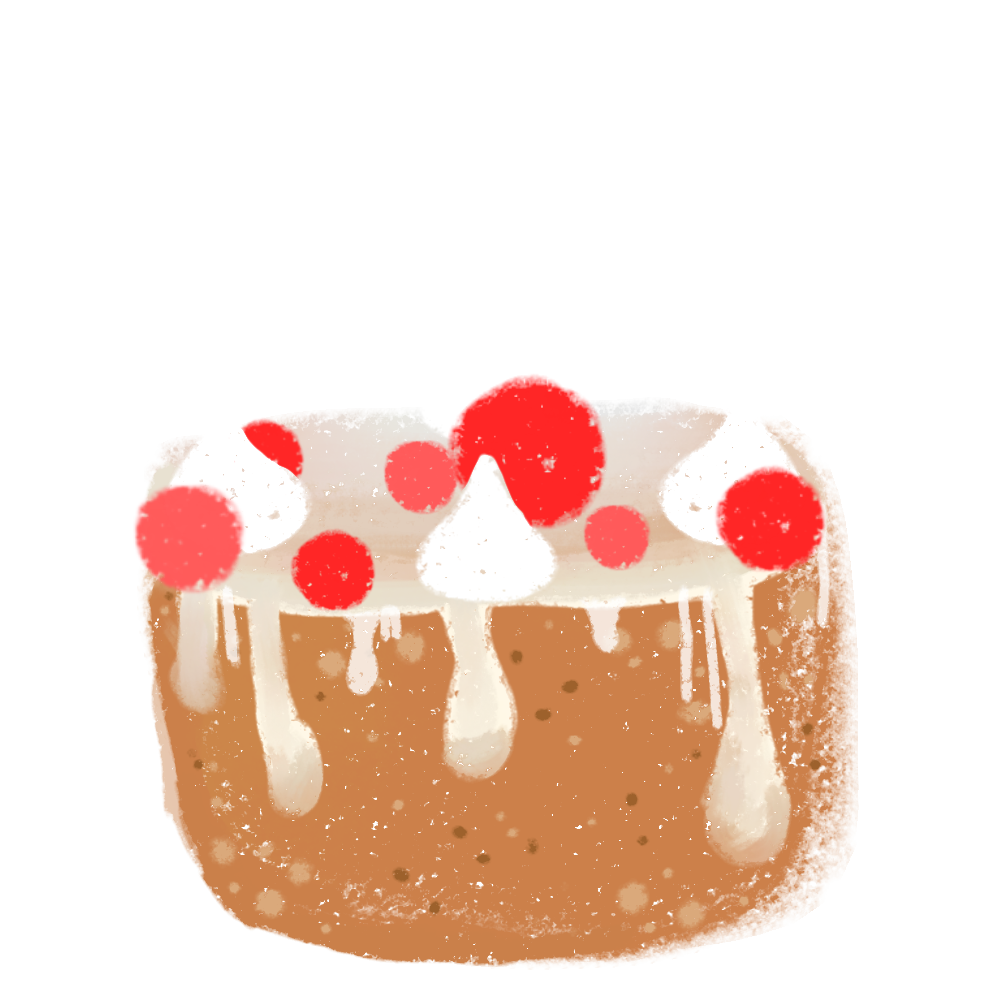 A drawn, Minecraft-inspired cake is depicted. It has a brown base, topped with a layer of white frosting that drips down the sides. Scattered across the frosting are six bright red cherries and three small white swirls. The overall appearance is simple yet charming, with a crayon drawn style. 