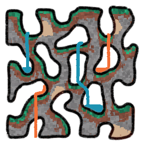  farlands land generation in minecraft. It looks a cross-section of terrain similar to an ant farm, with pools of water and lava.