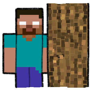 the minecraft character herobrine, a man with white eyes wearing a teal shirt and blue pants, standing slightly behind a tree.