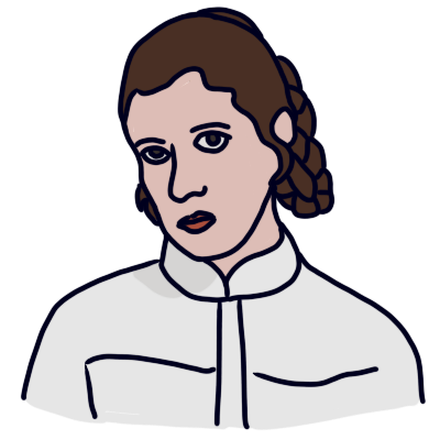 The head and shoulders of Leia Organa from Star Wars (Empire Strikes Back). She's wearing a white jumpsuit and her hair is in braids