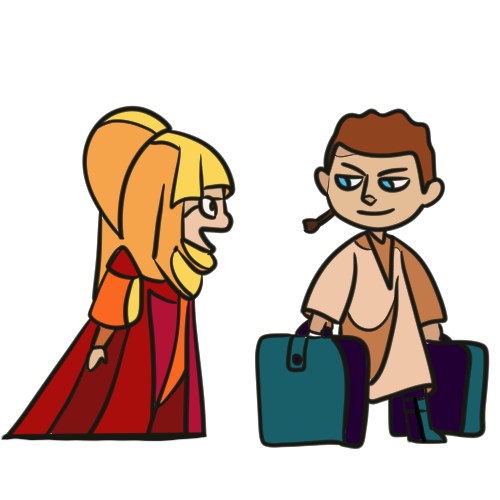 A little Anakin and Padme, Anakin escorting her for her safety and carrying her suitcases. They're smiling.