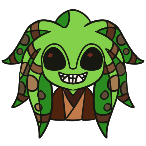 A green being with head-tentacles and brown spots, Kit Fisto from Star Wars, smiling widely