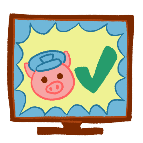 a TV, on which is a yellow spiky bubble that contains a pig wearing a police hat next to a checkmark.