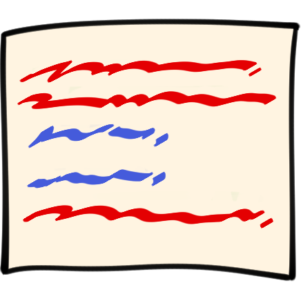 a very pale yellow piece of paper with two long red lines of wiggly 'writing,' two short blue lines of wiggly 'writing,' and then one red line of wiggly 'writing'.