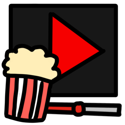 a popcorn bucket in front of a black rectangle with a red 'play' arrow. a progress bar shows that the movie is about half or two-thirds watched.