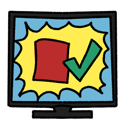 a TV, on which is a yellow spiky bubble that contains a red rectangle next to a checkmark.