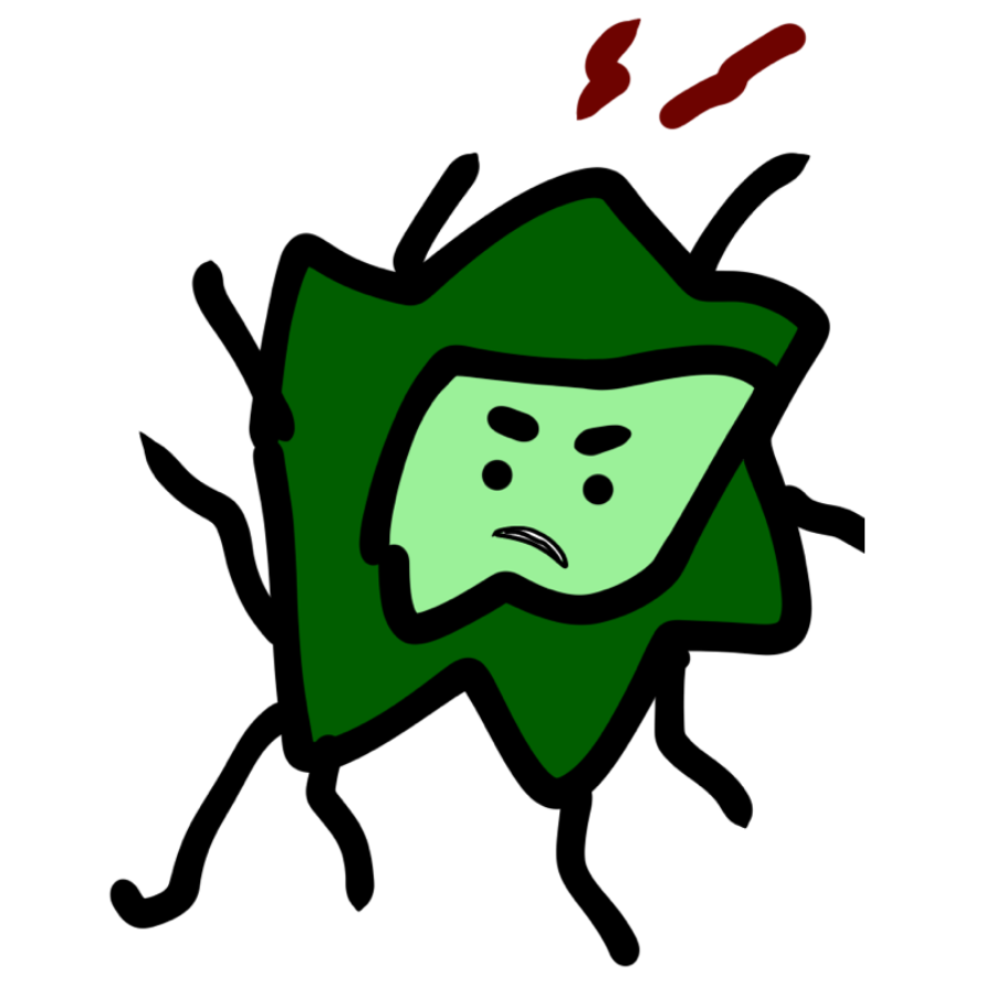 a cartoony green spikey germ with an angry face in the center and red lines above it.