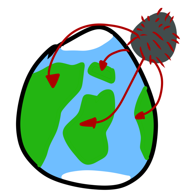 an earth-like planet with blobby green landmasses in a blue ocean and ice caps on the top and bottom. A grey and red virus sits in an uppe corner and has red arrows going from it to each landmass