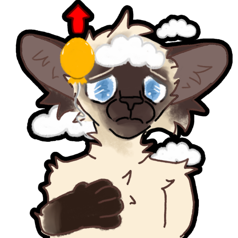 A humanoid chocolate-point siamese cat with dull blue scratchy eyes and an uncomfortable face. Around it is little white clouds, and a white cloud on its forehead, by its left ear is a red arrow pointing upwards, next to it is a yellow balloon. it has its paw to its chest.