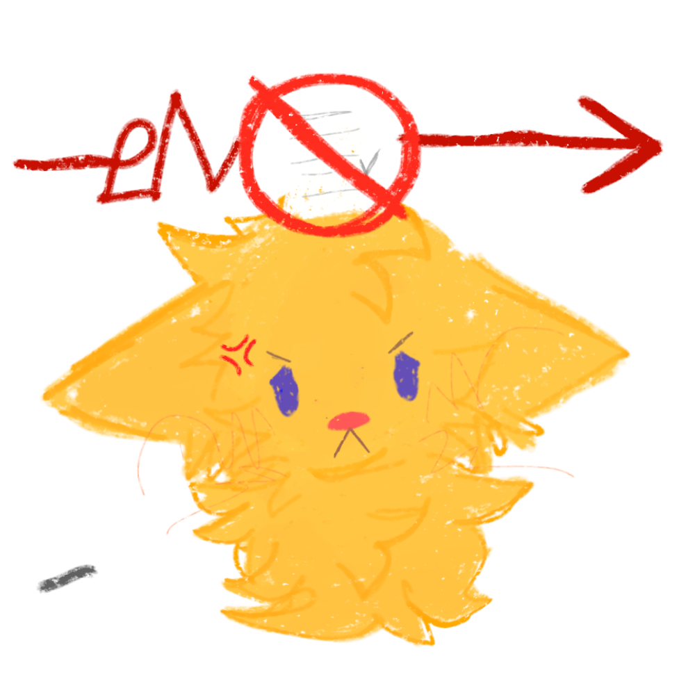  a rough crayon textured, hand-drawn picture of a fluffy yellow cat with blue eyes and an angry expression. Above the cat's head is a bold red symbol: a circle with a slash through it (like a 'no' or 'prohibited' sign) that overlaps with a white document or paper. To the right of this symbol is a red arrow pointing forward. The overall tone of the image seems to represent frustration or rejection.