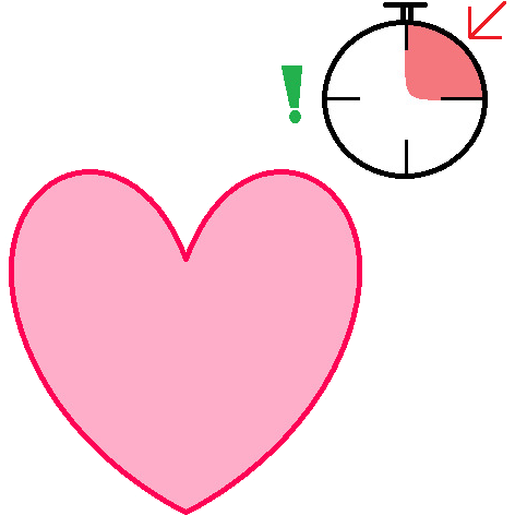  A pink heart with a darker outline. In the upper right is a hand timer, with a portion shaded red with a red arrow pointing to it, with a green exclamation point farther along, indicating that the time didn't go as long as it was supposed to.