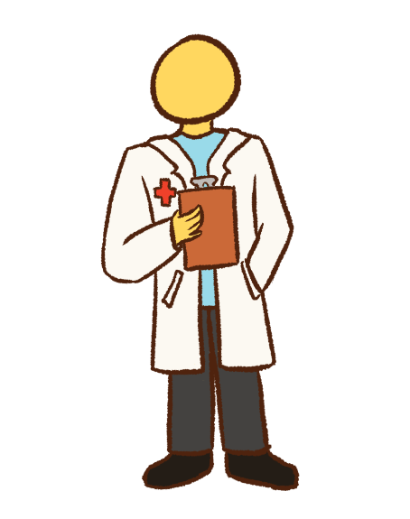 a featureless, emoji yellow person standing with one hand holding a clipboard and the other in their pocket. they’re wearing a doctor’s coat with a red cross on it.