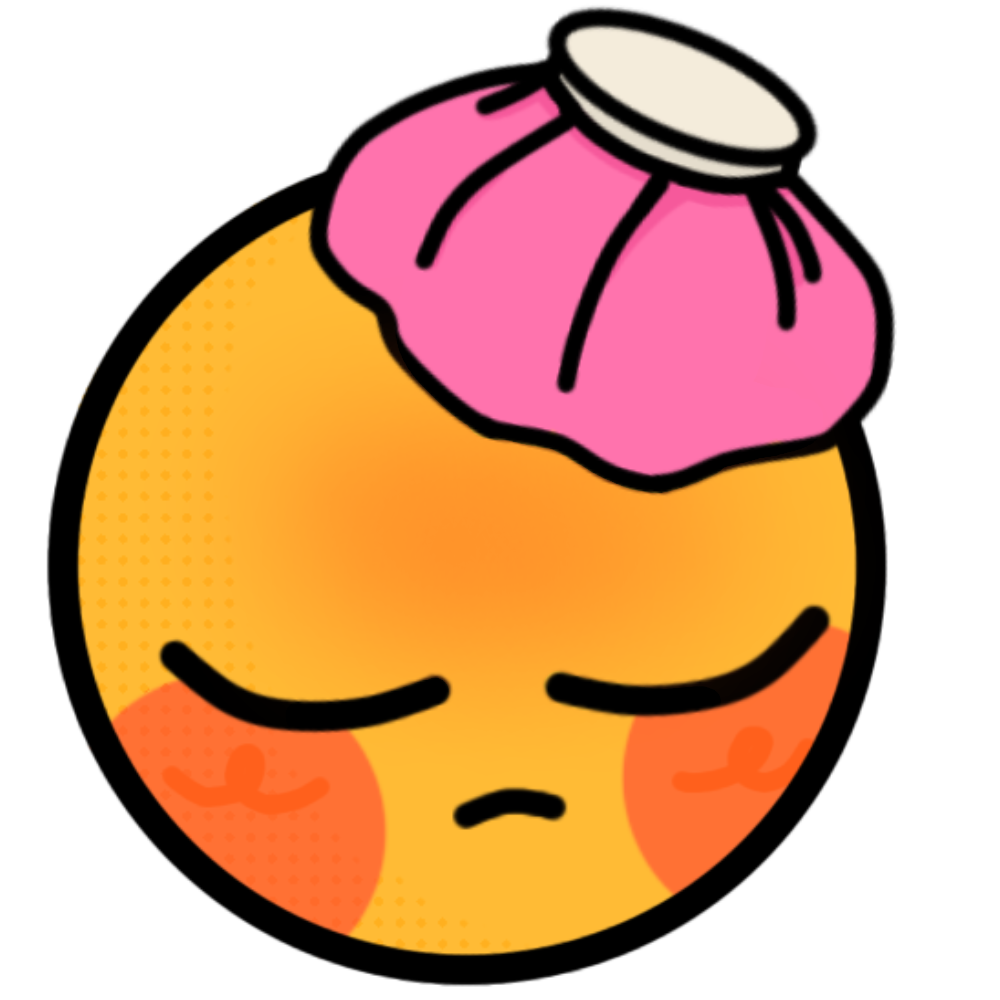 A basic yellow skinned emoji with its eyes closed and red cheeks, on its head is a reusable ice pack and its forehead a red glow to signify a fever.
