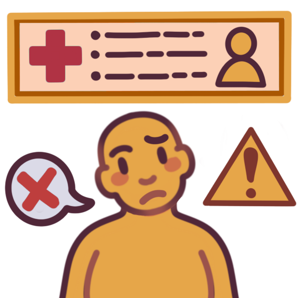 a person with a yellow rectangle over their head, showing a Red Cross, a small picture of them, and bullet points with writing. The person is tilting their head to one side and looks dissatisfied. There is a yellow caution sign by them, and a speech bubble next to them has a red X in it.