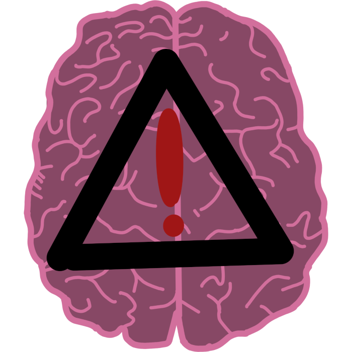  A drawing of a brain. over the brain is a triangle with a red exclamation point