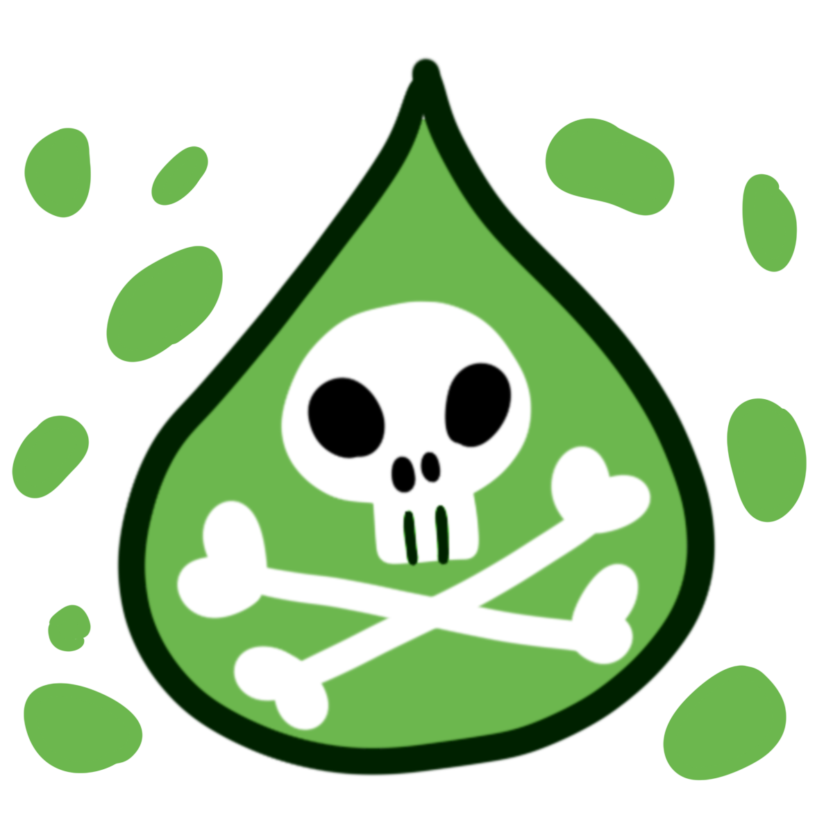  a green droplet with white skull and crossbones surrounded by green blobs.