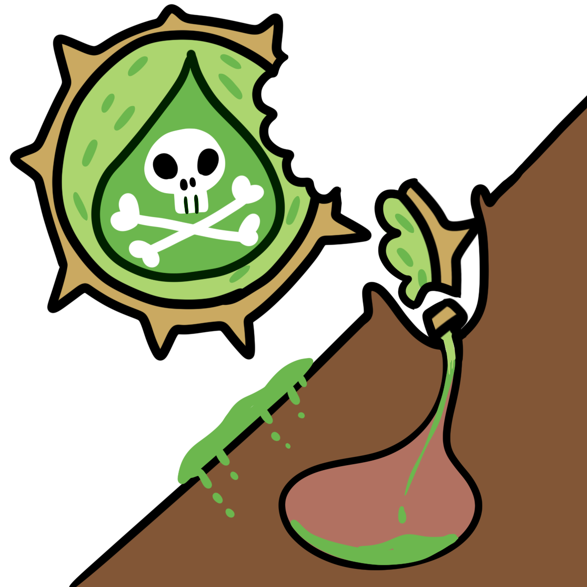 spiky green blob containing green droplet with white skull and crossbones has piece bitten off that is in mouth of brown corner . green drips down into pink stomach. there is a green puddle on surface.