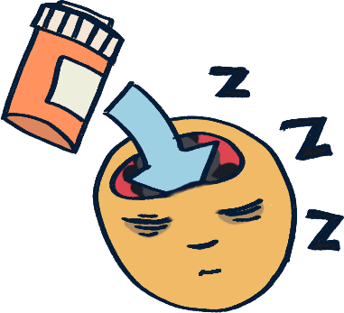 an emoji yellow head with closed eyes with shadows underneath them, and a blue arrow leading from a pill bottle into their brain, which is turning from pink to grey around the arrow. there are 'z's next to the face.