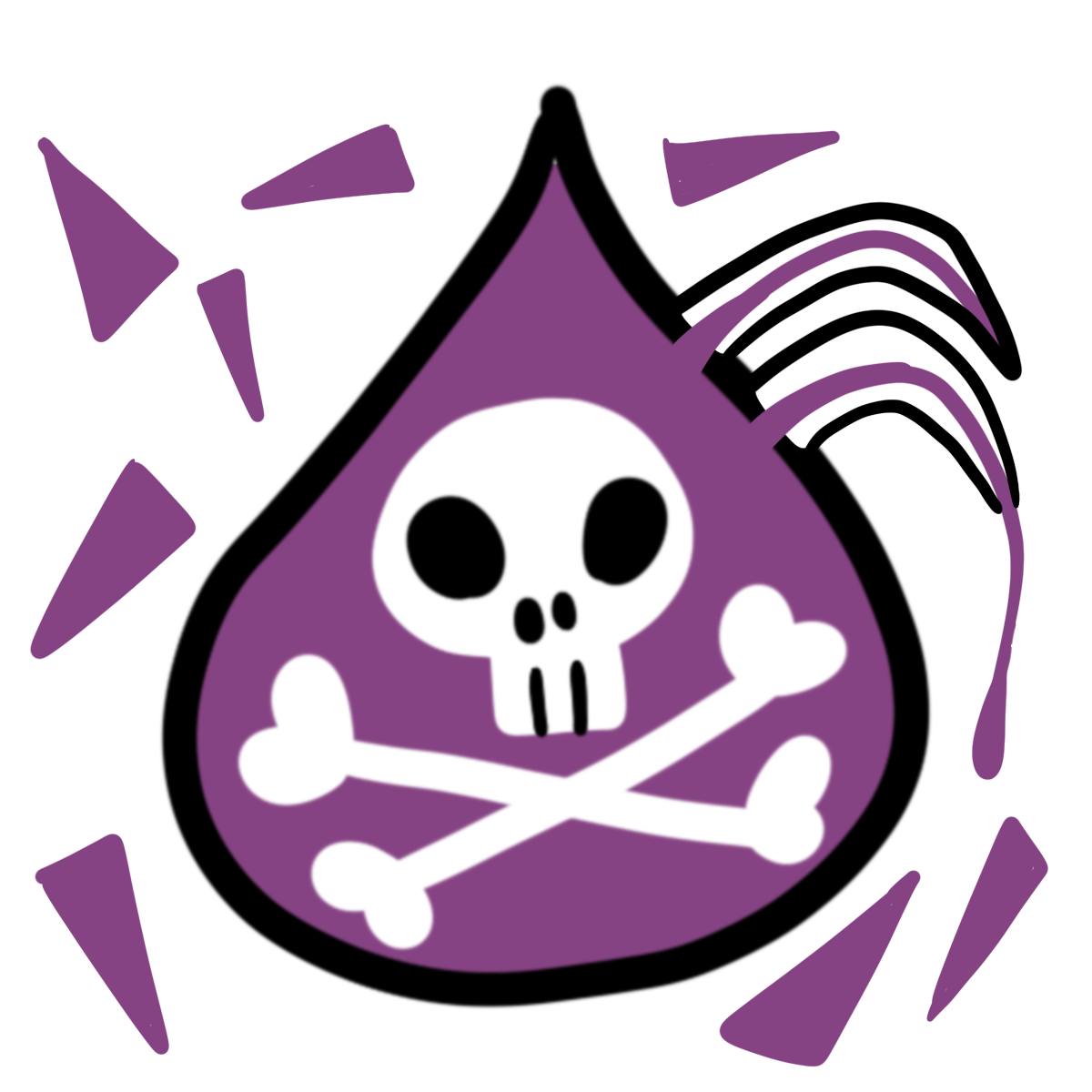 a purple droplet with white skull and crossbones has two fangs and is surrounded with purple thin triangles floating.