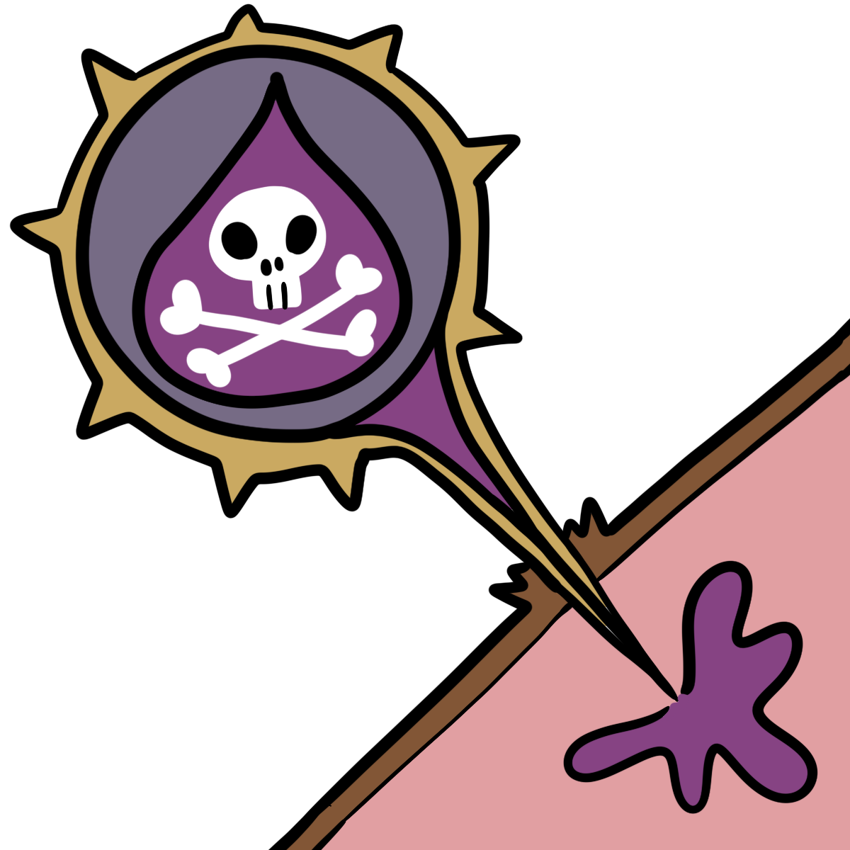 a spiky purple blob containing a bright purple droplet with skull and crossbones injects purple liquid through a spiky tooth- or stinger-like protrusion into pink in the corner through brown layer. Purple liquid blobs out into the pink at the end of the spike.