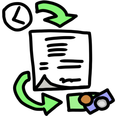 a green arrow from a clock to a sheet of paper with scribbled lines on it, including a 'table' and 'signature,' and another green arrow coming from it to two coins and banknotes