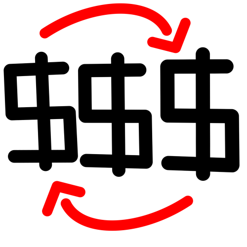 A drawing of three dollar signs in a row. There is an arrow above them and an arrow below them to represent a cycle 