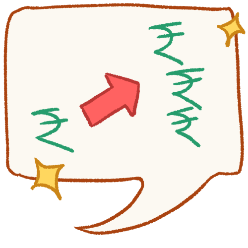  a drawing of a speech bubble with sparkles on it. there is a rupee symbol on the left next to a pink arrow pointing right to a group of rupee symbols