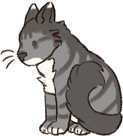 A drawing of a fluffy grey tabby cat, sitting facing the left