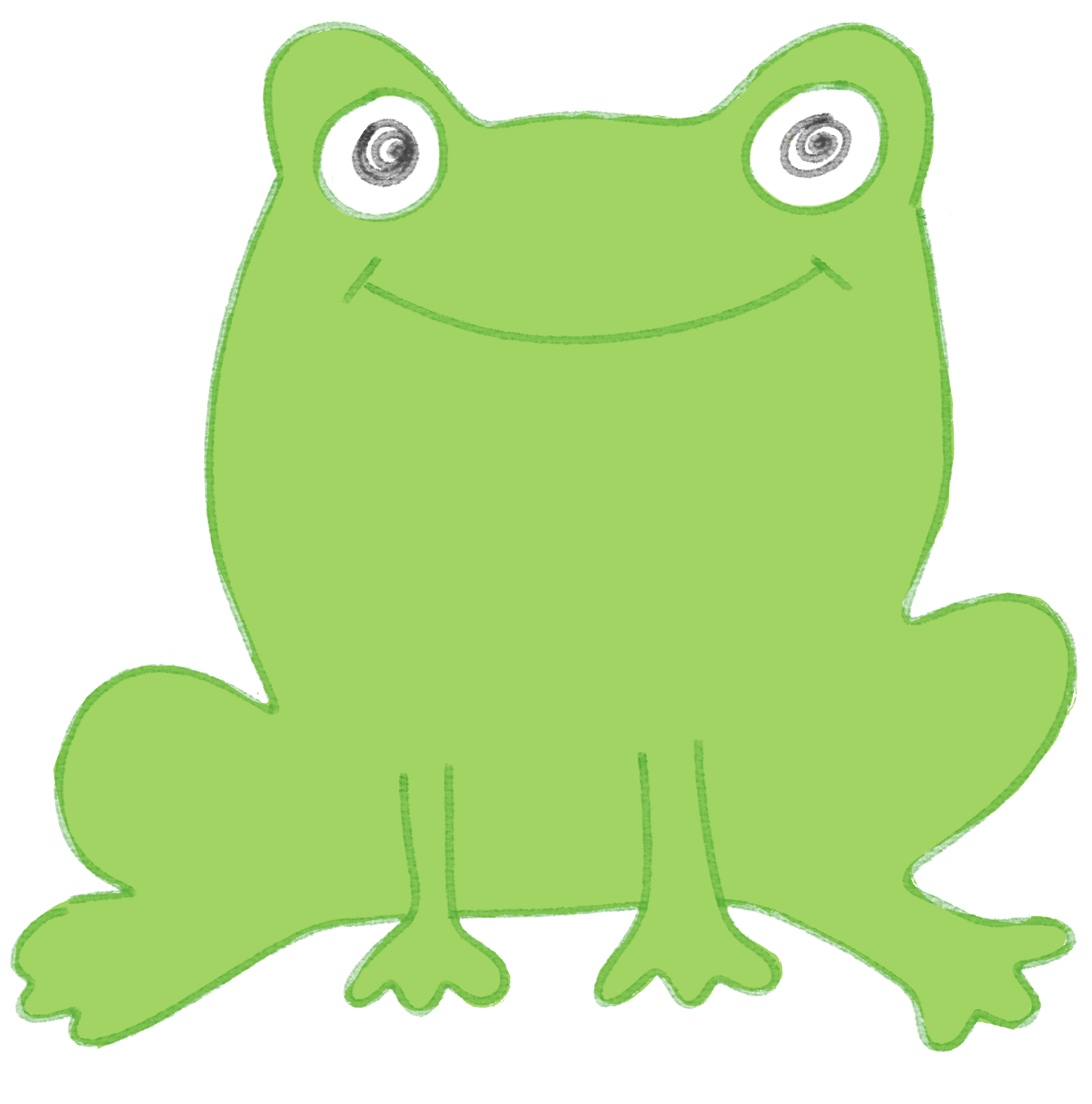 A cartoonish green frog with swirls for eyes smiling.