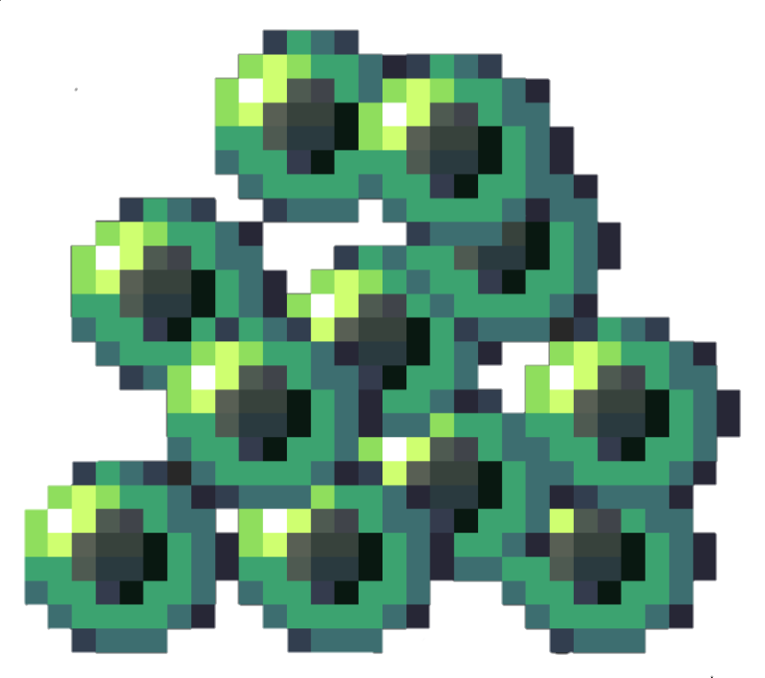 A  group of shaded green pixle-art spheres with black translucent ovals in their middles