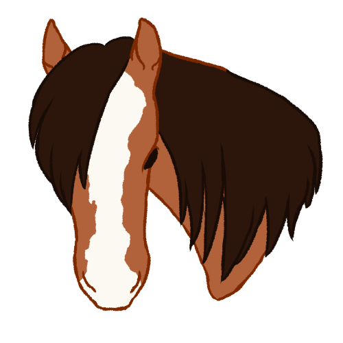 the head of a horse, facing forwards. it's light brown with a dark brown mane, black eyes, and white patch along its face.