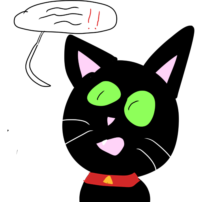 a black cat with a big head, a happy expression, and a red collar. There’s a speech bubble coming from the cat.