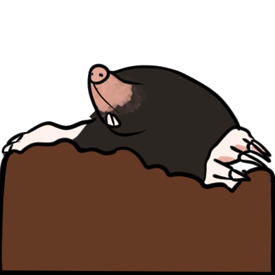 A European mole poking its head and harms out of its molehill.