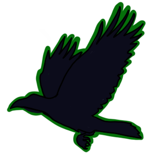 a side view of a black raven in flight. the image has a green outline.