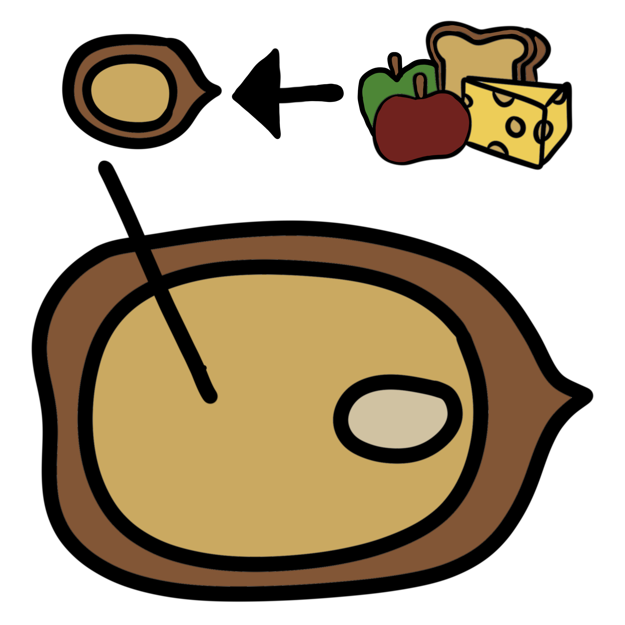 at top is a small light brown seed then an arrow from a food icon above a larger seed with a line connecting it to the large middle section of the seed.