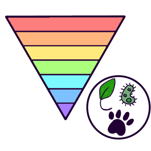 Artwork depicting a triangle with the wide end at the top and the thin end at the bottom. The triangle is divided into 7 stripes, colored in rainbow colors. Next to the triangle is a circle with a paw print, leaf, and microorganism inside. 