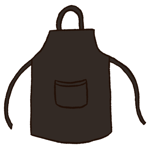 A digitally drawn symbol of a black apron with two untied straps, a neck strap, and a pocket in the middle.