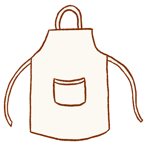 A digitally drawn symbol of a white apron with two untied straps, a neck strap, and a pocket in the middle.