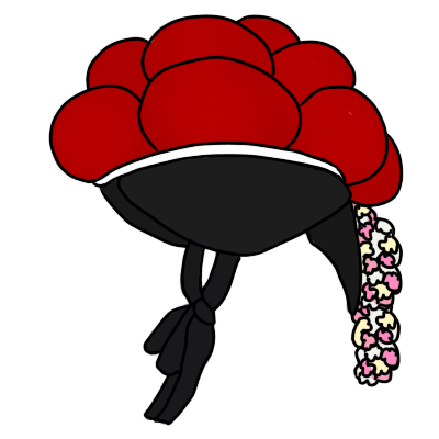 A Bollenhut, a headdress worn as formal traditional dress by some women in the Black Forest, viewed from the side. It's a hat with a white brim, black veil and ribbon, and large woolen pompoms on top. The pompoms are red. At the back is a chain is flowers.